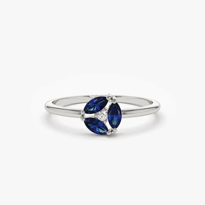 14k Solid Gold Marquise Sapphire and Round Diamond Cluster Ring 0.31 ctw