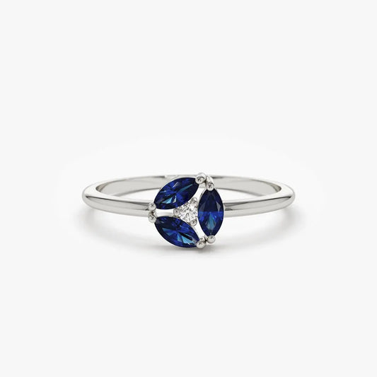 14k Solid Gold Marquise Sapphire and Round Diamond Cluster Ring 0.31 ctw