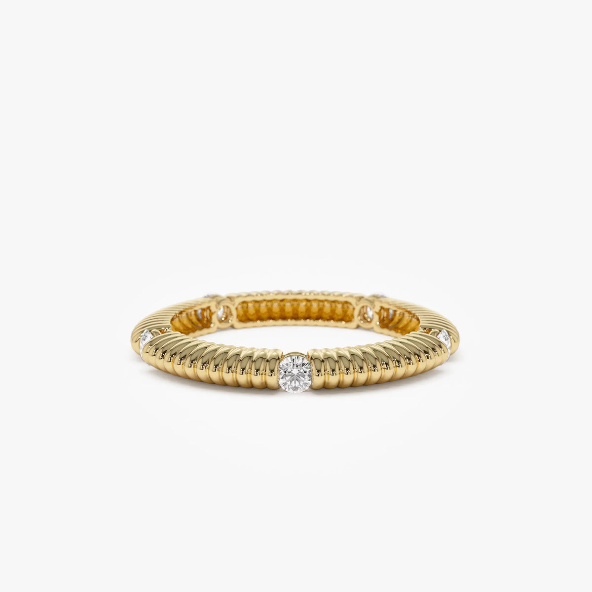 14k Solid Gold Round Diamond 0.30ctw Ribbed Wedding Ring