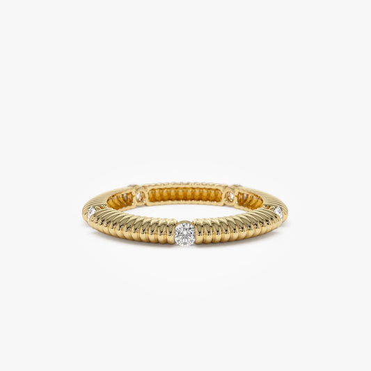 14k Solid Gold Round Diamond 0.30ctw Ribbed Wedding Ring