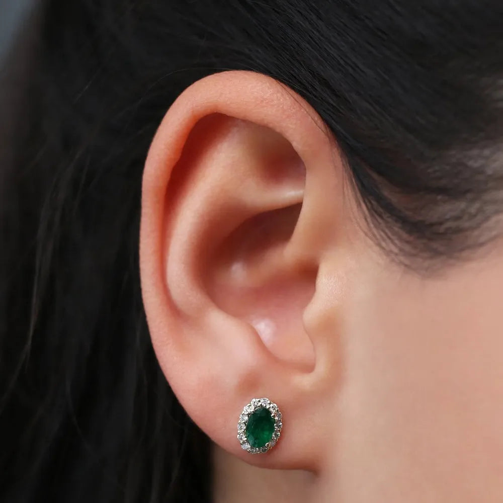 14K Gold Oval Cut Emerald and Diamond Halo Stud Earrings 1.12ctw Prong Setting