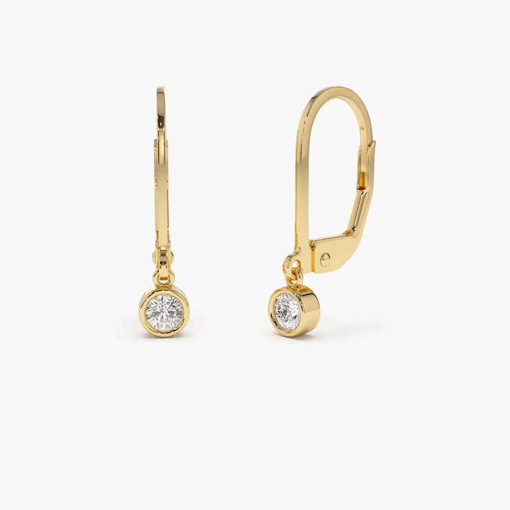 14k Gold Diamond Round Cut Bezel Setting Lever Back Earrings 0.16 ctw