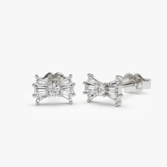 14k Gold Diamond Baguette and Round Cut Bow Stud Earrings 0.25 ctw