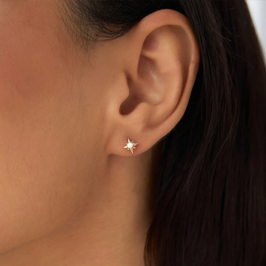 14k Gold Diamond Round Cut North Star Stud Earrings 0.10 ctw