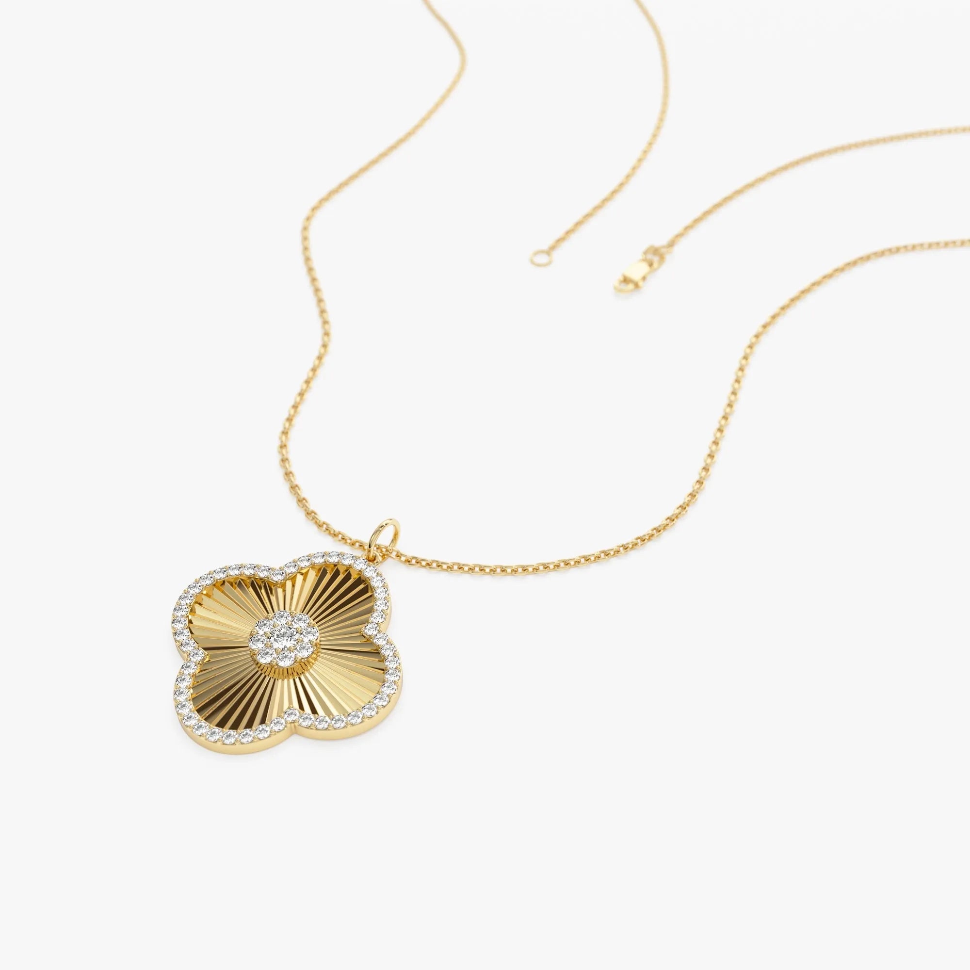 14K Solid Gold 0.38 CTW Round Diamond Textured Clover Charm Pendant Necklace