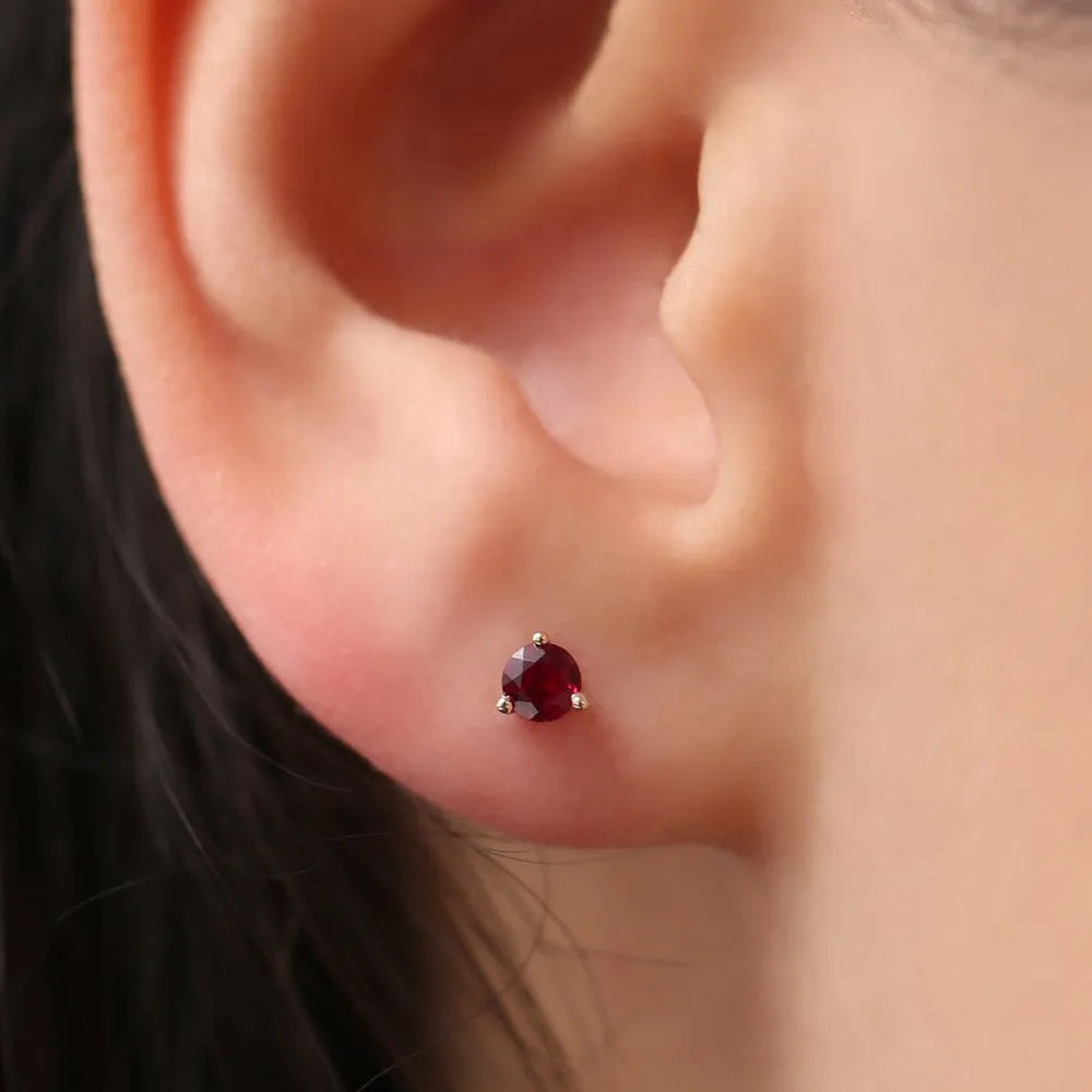 14K Gold Round Cut Ruby 3 Prong Stud Earrings 0.40ctw