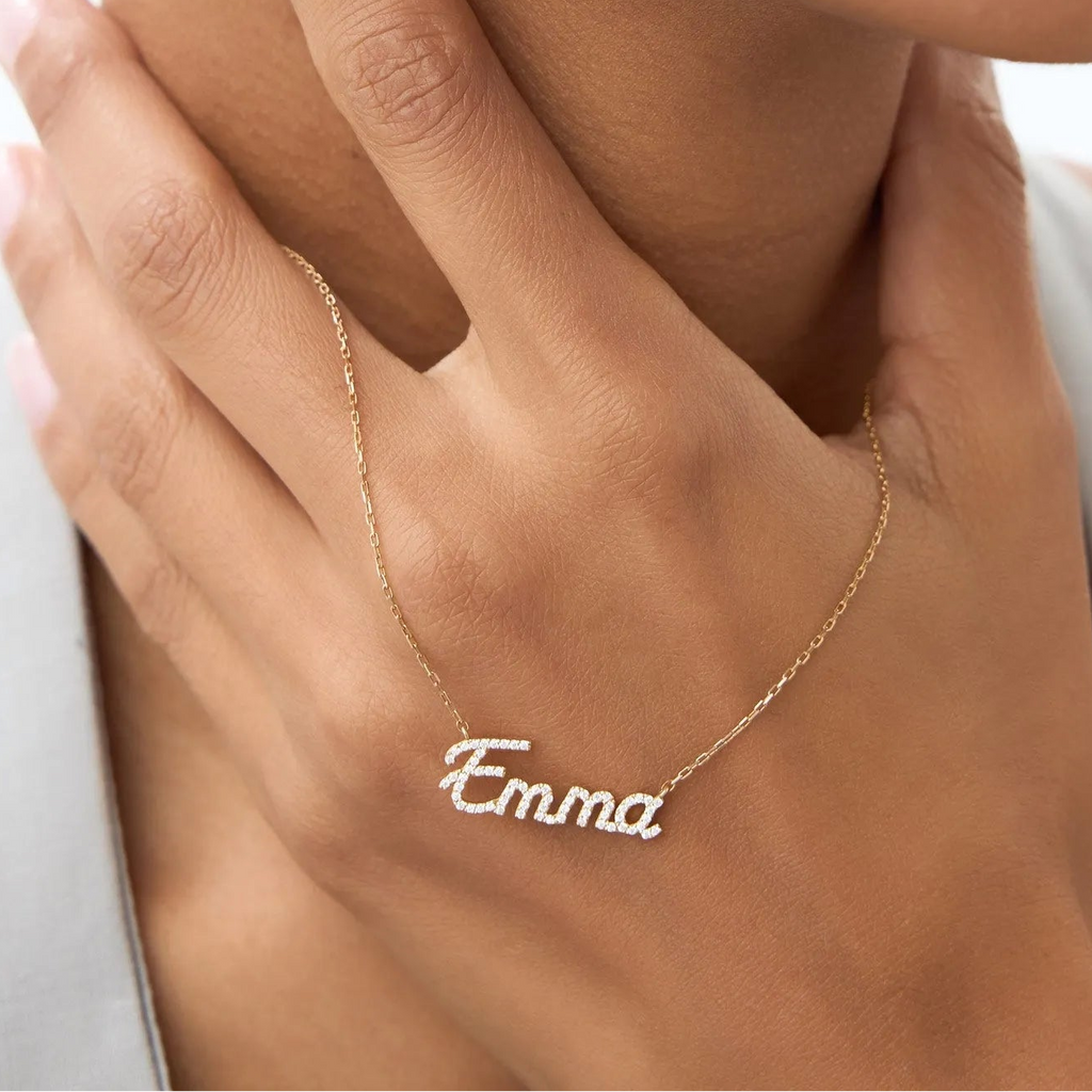 14K Solid Gold Round Diamond Personalized Name Necklace 0.15 CTW Per Letter
