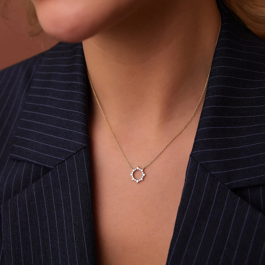 14K Solid Gold Round Diamond Sun Circle Pendant Necklace Prong Setting 0.43ctw