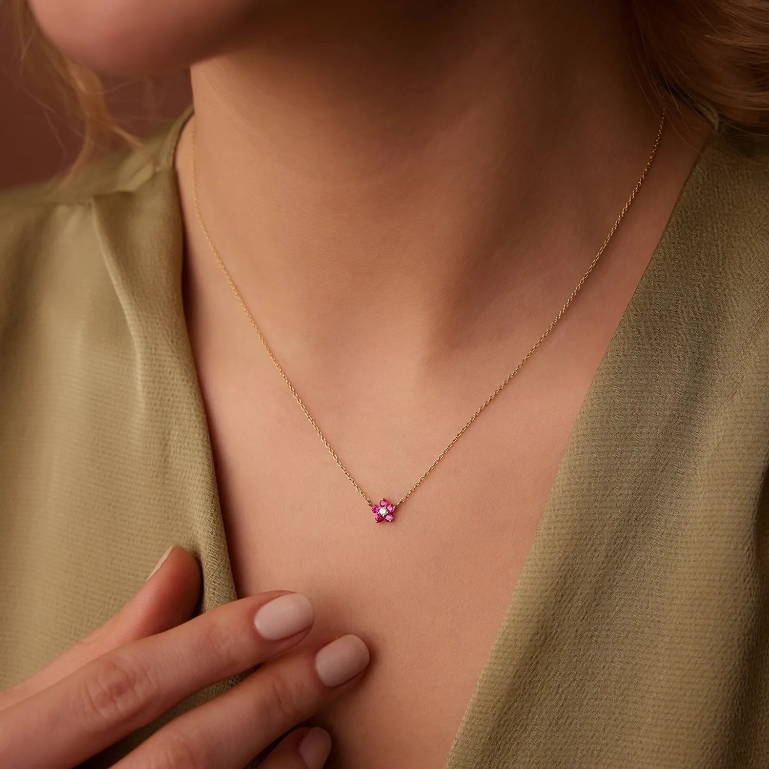 14k Solid Gold Ruby and Diamond Round Flower Charm Necklace 0.16 Carat Prong Setting