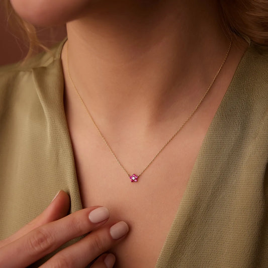 14k Solid Gold Ruby and Diamond Round Flower Charm Necklace 0.16 Carat Prong Setting