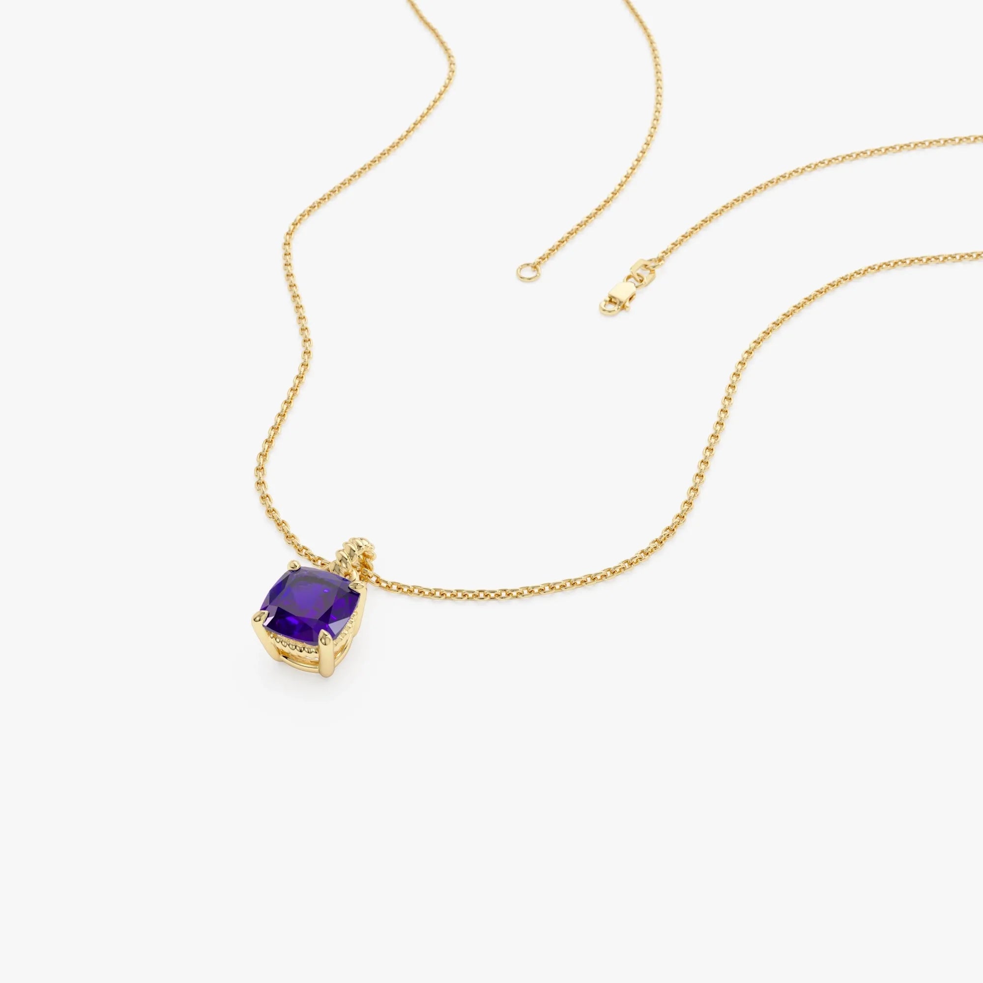 14k Solid Gold Amethyst Cushion Cut Solitaire Necklace 0.95 Carat