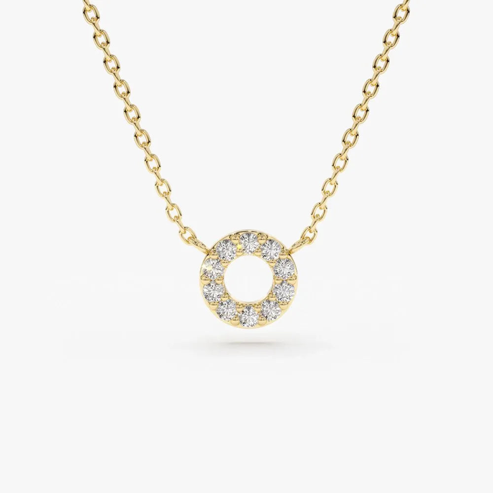 14K Solid Gold Round Diamond Mini Circle Pendant Necklace Prong Setting 0.10ctw