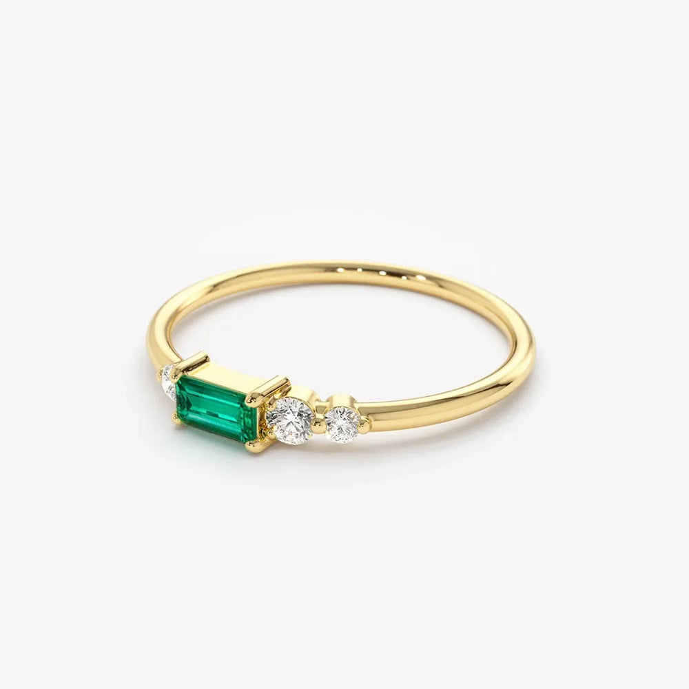 14K Solid Gold Baguette Emerald and Round Diamond Ring 0.23 CTW Handcrafted Jewelry