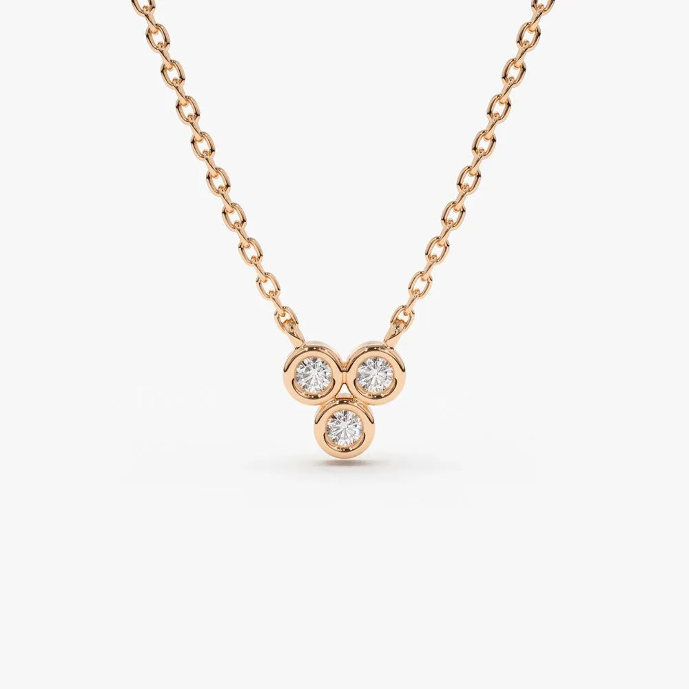 14K Solid Gold Round Diamond Trio Necklace Bezel Set 0.09ctw