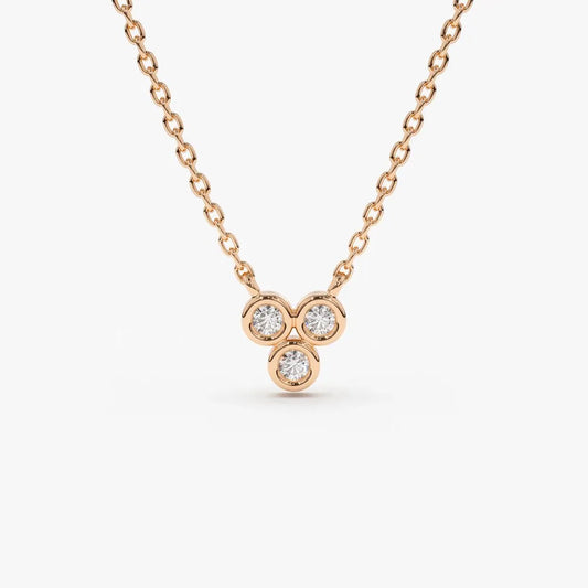 14K Solid Gold Round Diamond Trio Necklace Bezel Set 0.09ctw