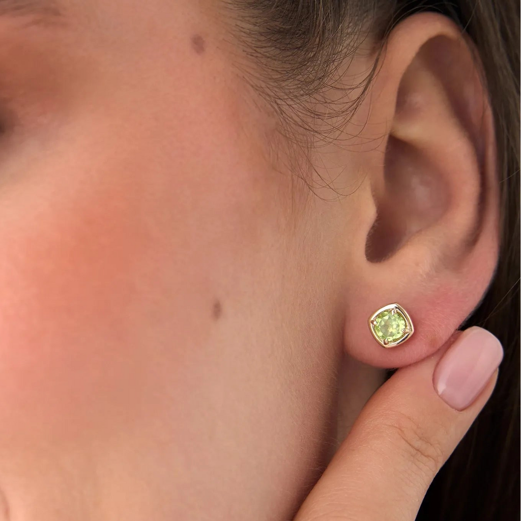 14K Solid Gold Round Peridot Cushion Shaped Stud Earrings 1.05ctw