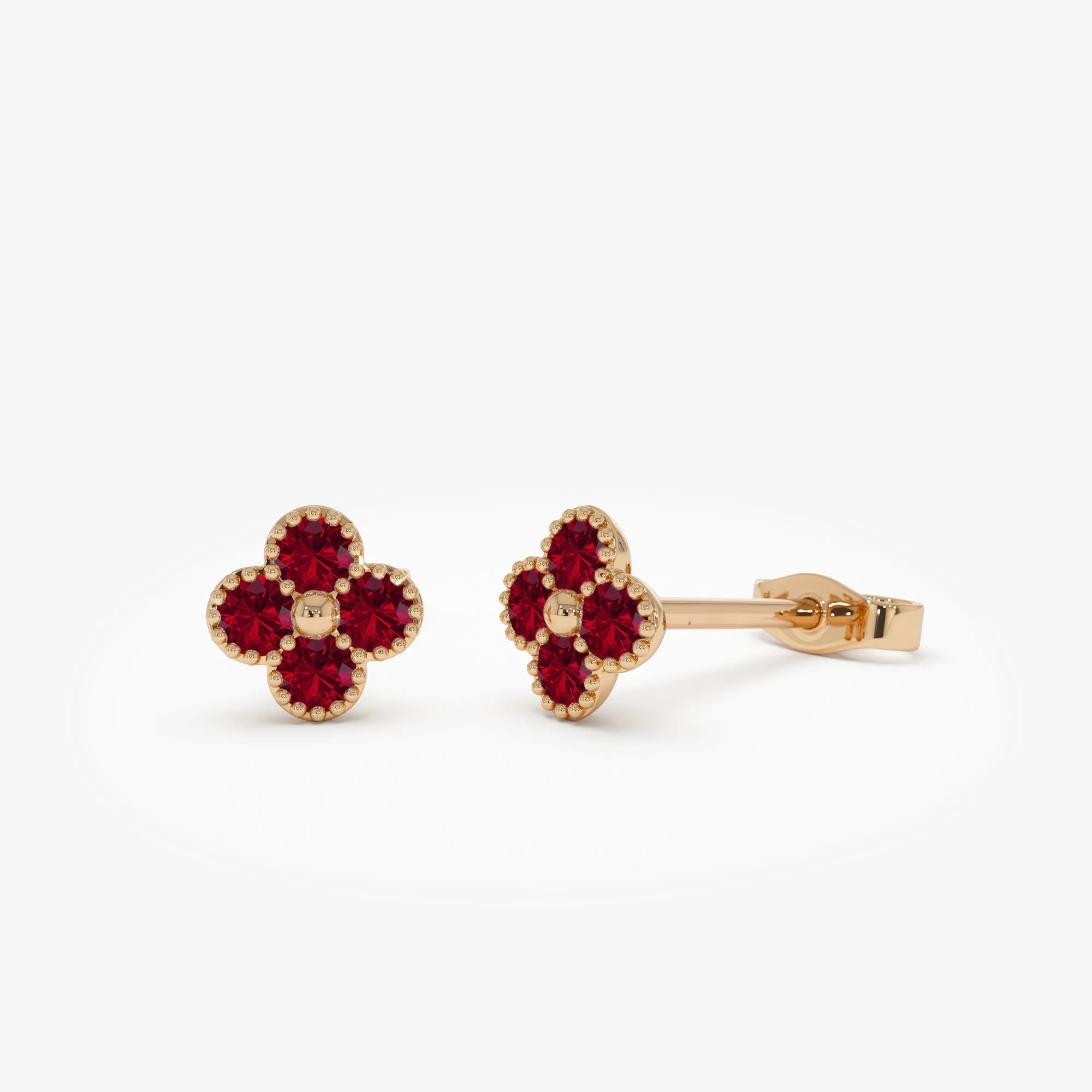 14k Gold Ruby Round Cut Clover Beaded Stud Earrings 0.35 ctw