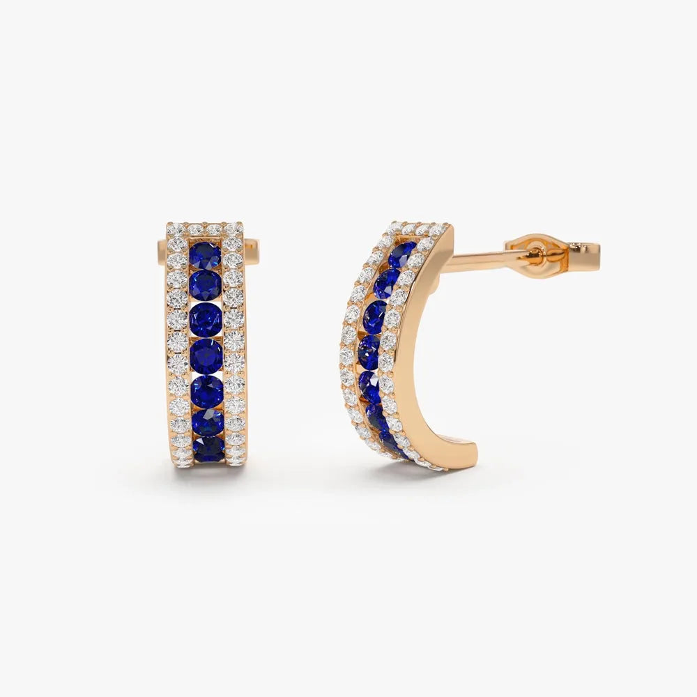 14k Solid Gold Round Blue Sapphire and Diamond Hoop Earrings 0.80 ctw