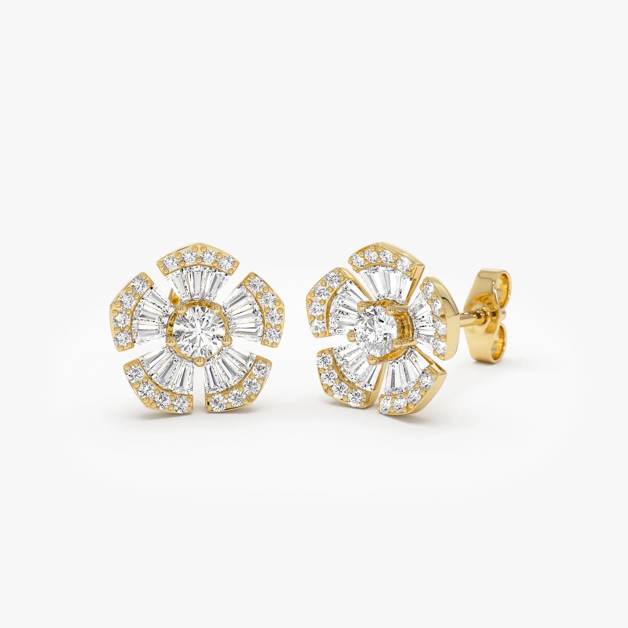 14k Gold Diamond Baguette and Round Cut Flower Stud Earrings 0.85 ctw