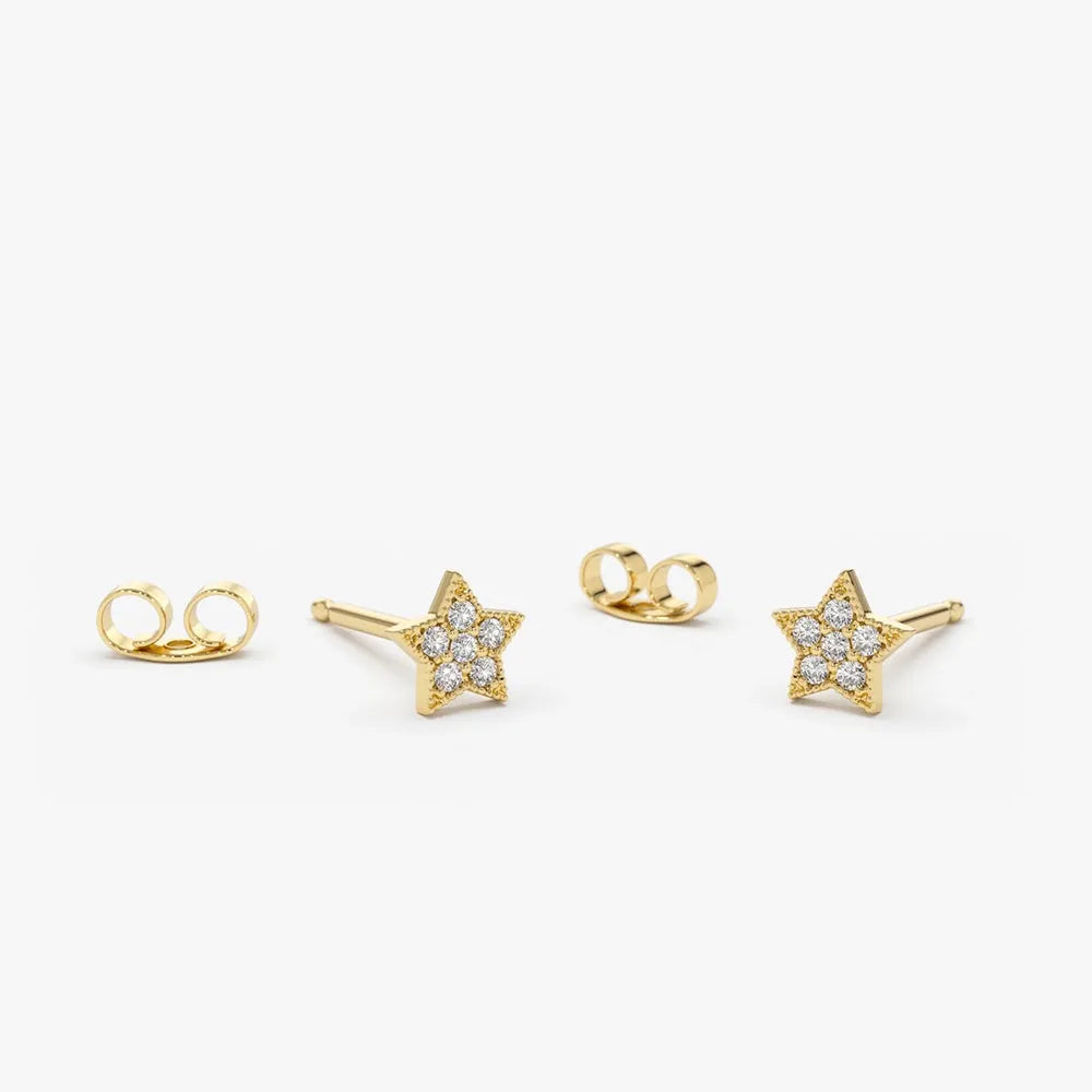 14k Gold Diamond Round Cut Star Stud Earrings Micro-Pave 0.10 ctw