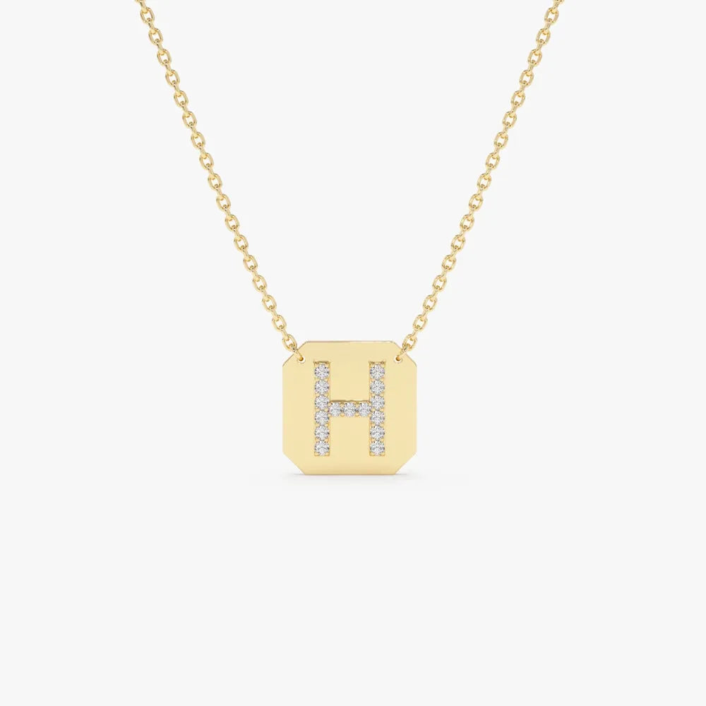 14K Solid Gold Round Diamond Initial Letter Pendant Necklace Prong Setting 0.10ctw
