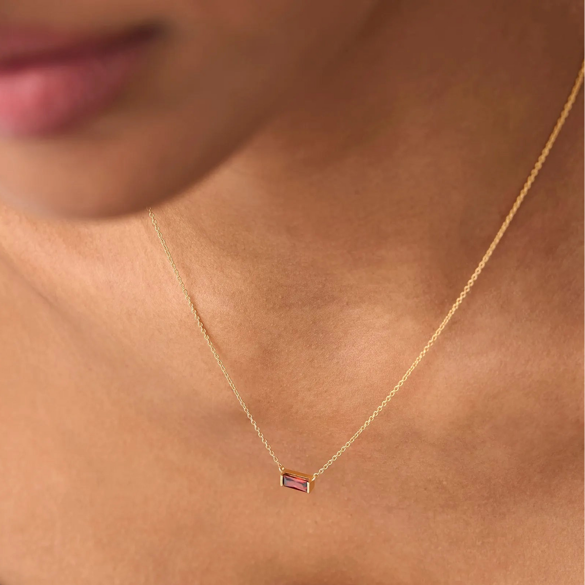 14k Solid Gold Garnet Baguette Birthstone Necklace 0.45 Carat