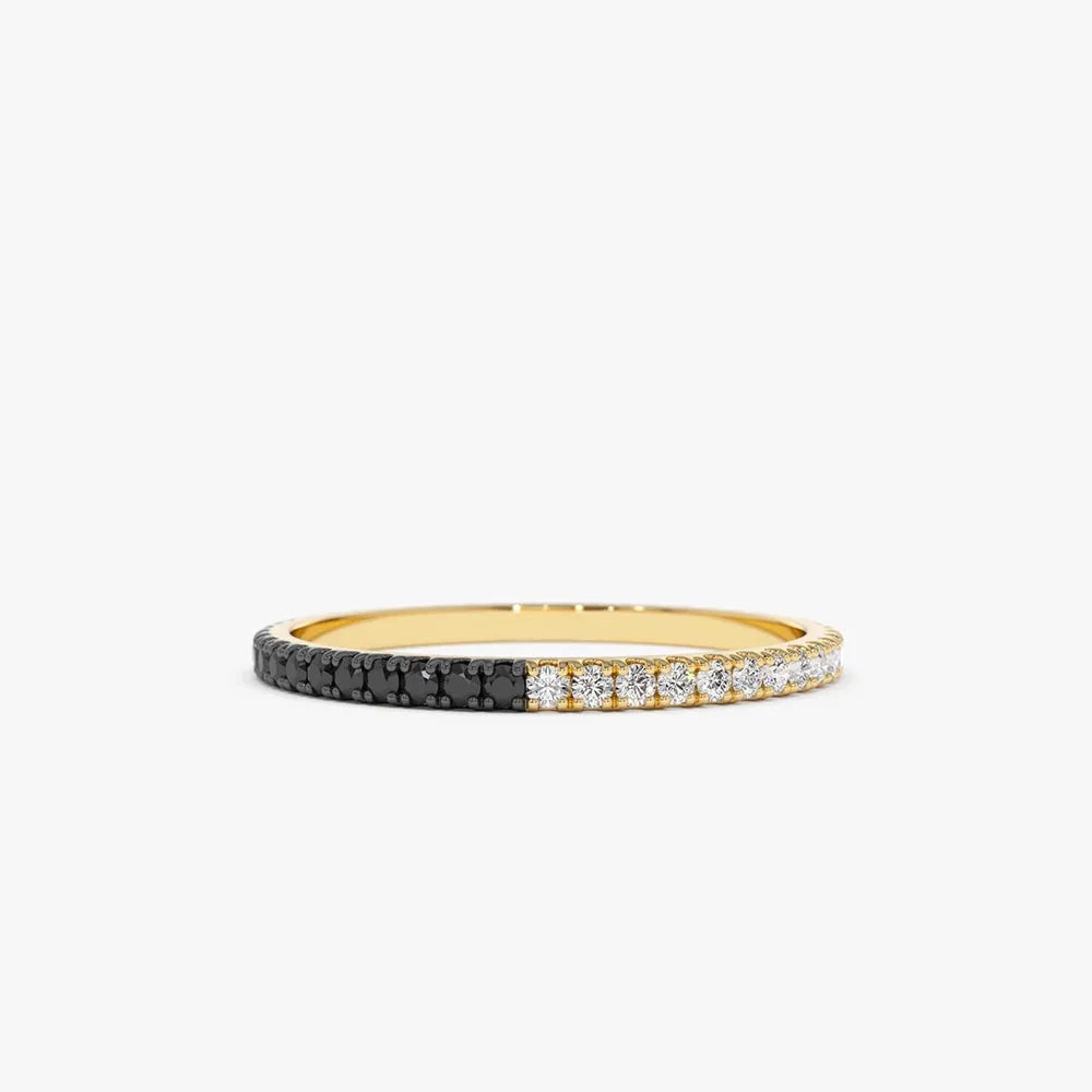 14k Solid Gold Round Black and White Diamond Micro Pave Eternity Band