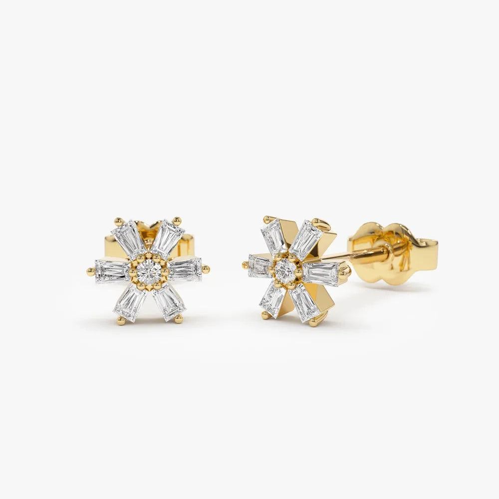 14k Gold Diamond Round and Baguette Cut Mini Flower Stud Earrings 0.23 ctw