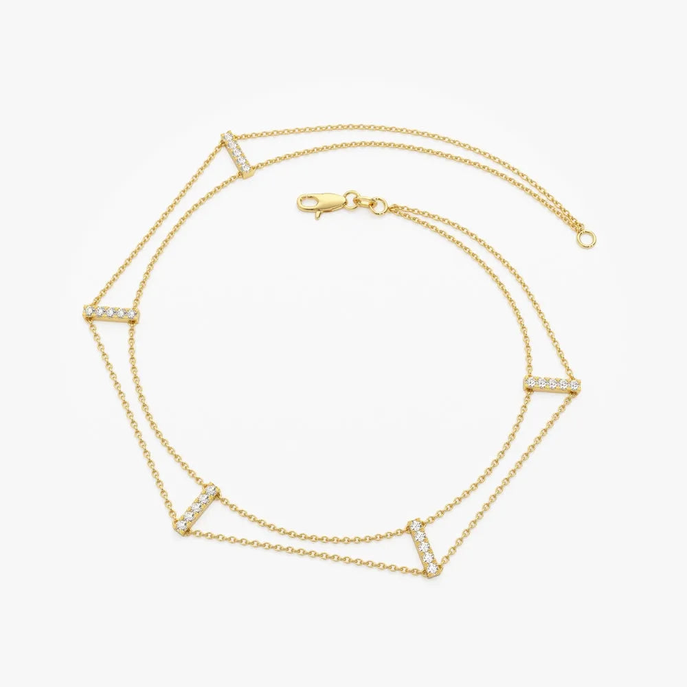 14K Solid Gold 0.15 CTW Round Diamond Five Station Bar Bracelet