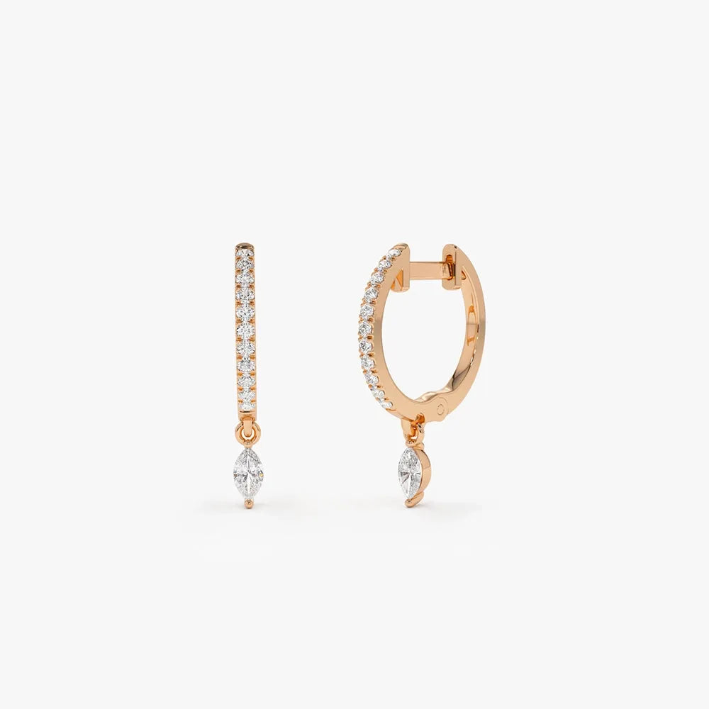 14k Gold Diamond Marquise and Round Cut Dangling Huggie Earrings Prong Micro Pave 0.28 ctw