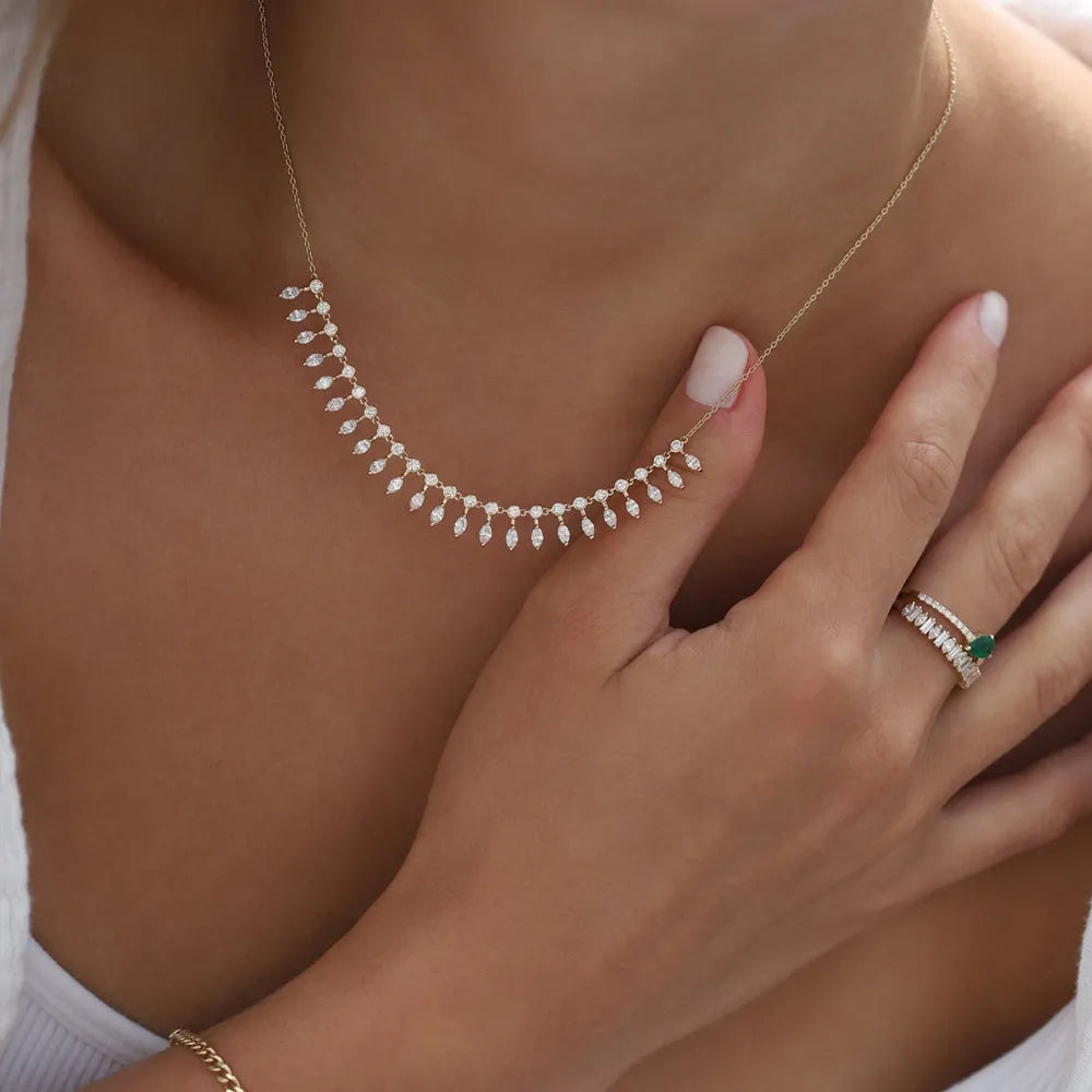 14K Solid Gold Baguette and Round Diamond Statement Necklace Prong and Bezel Set 1.96ctw