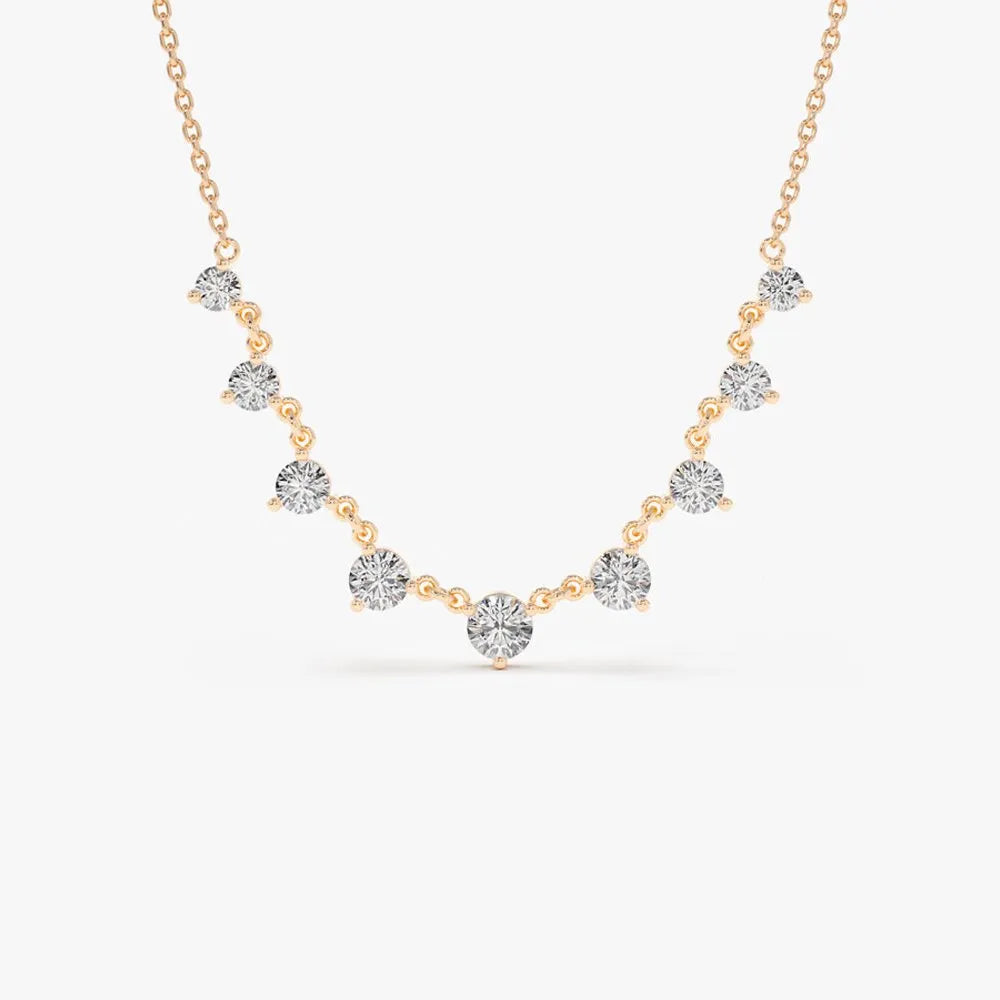 14K Solid Gold Round Diamond Graduating Necklace Prong Setting 1.05ctw