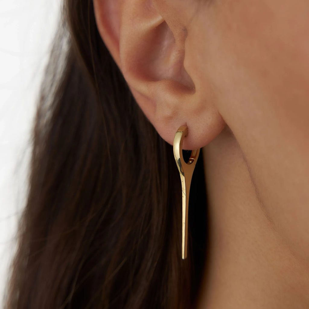 14k Solid Gold Dagger Statement Drop Hoop Earrings 40mm Length 10mm Inner Diameter