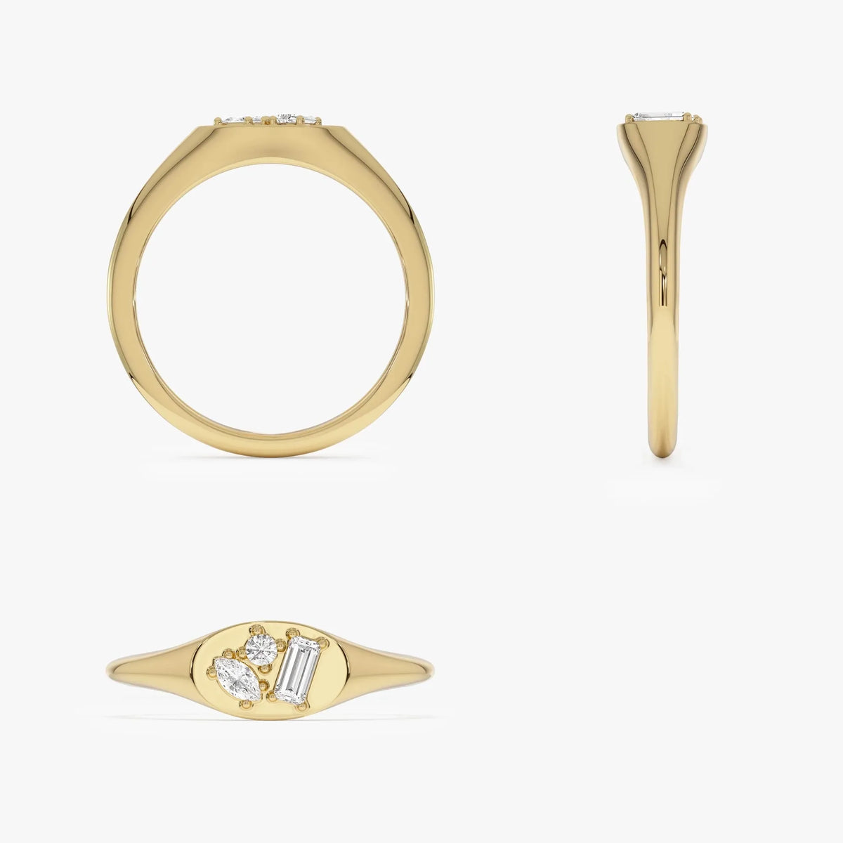 14K Solid Gold Mixed Cut Diamond Signet Ring 0.18 ctw Marquise Baguette and Round Natural Diamonds