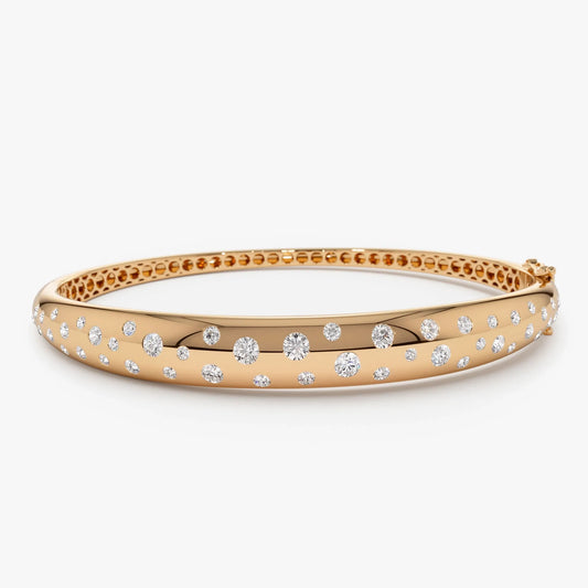 14K Solid Gold 1.20 CTW Round Diamond Dome Floating Bangle