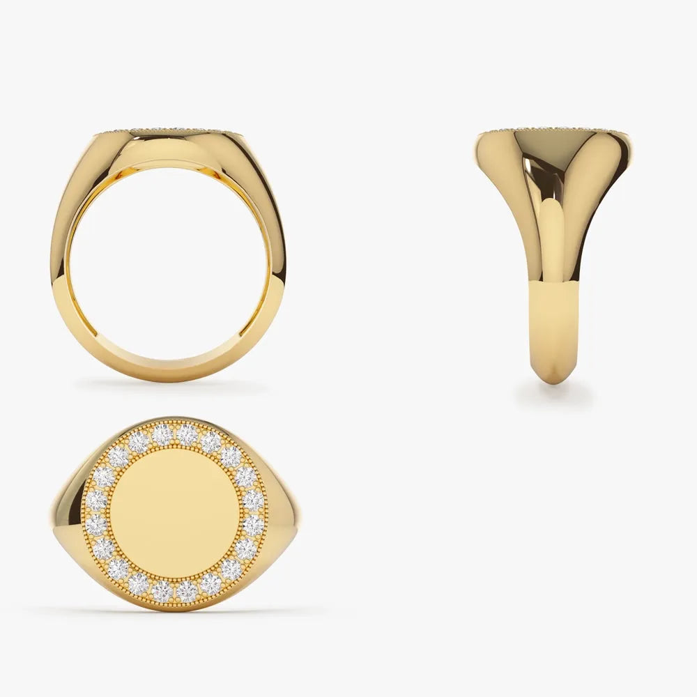 14K Gold 0.30ctw Round Diamond Engravable Circular Signet Ring