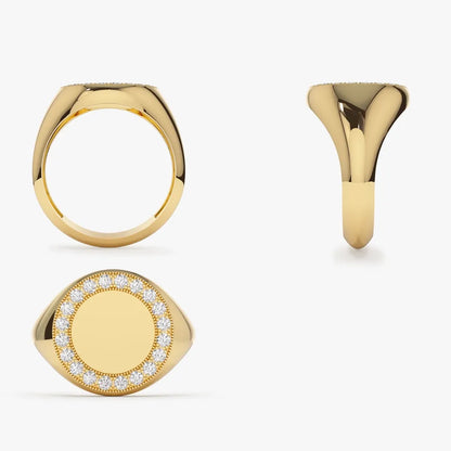 14K Gold 0.30ctw Round Diamond Engravable Circular Signet Ring