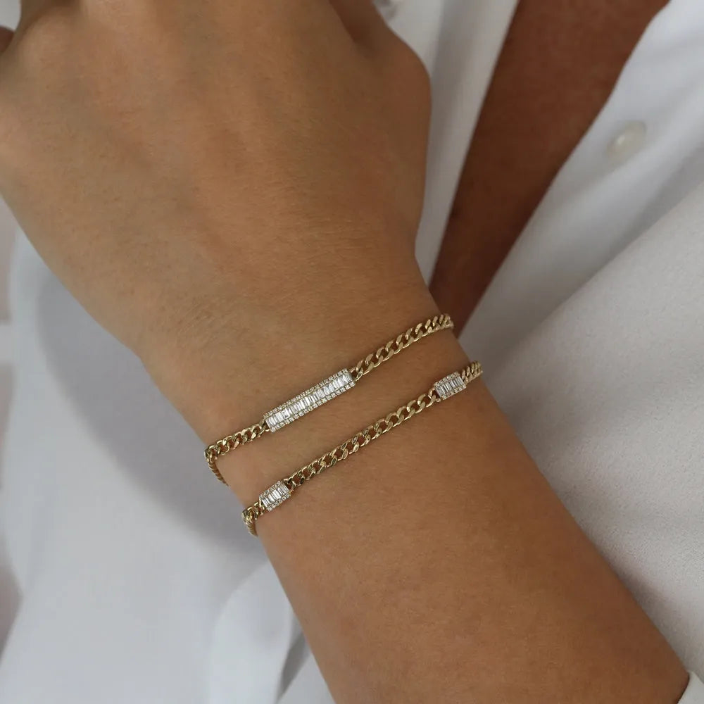 14K Solid Gold 0.42 CTW Baguette and Round Diamond Bar Curb Link Bracelet