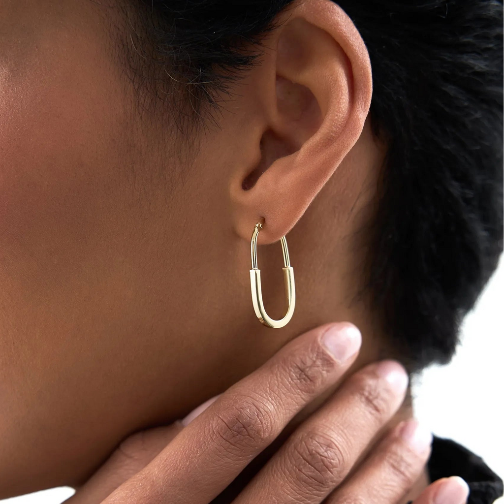 14k Yellow Gold Flat Edge Drop Hoop Earrings 27mm Length 15mm Diameter 2mm Width