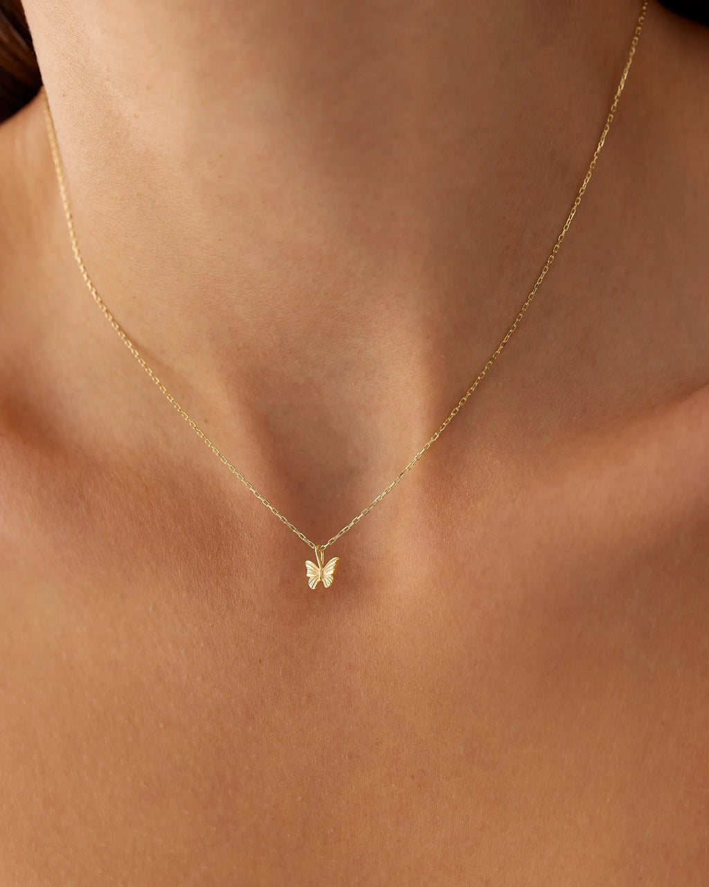 14k Solid Gold Mini Butterfly Charm Pendant Necklace