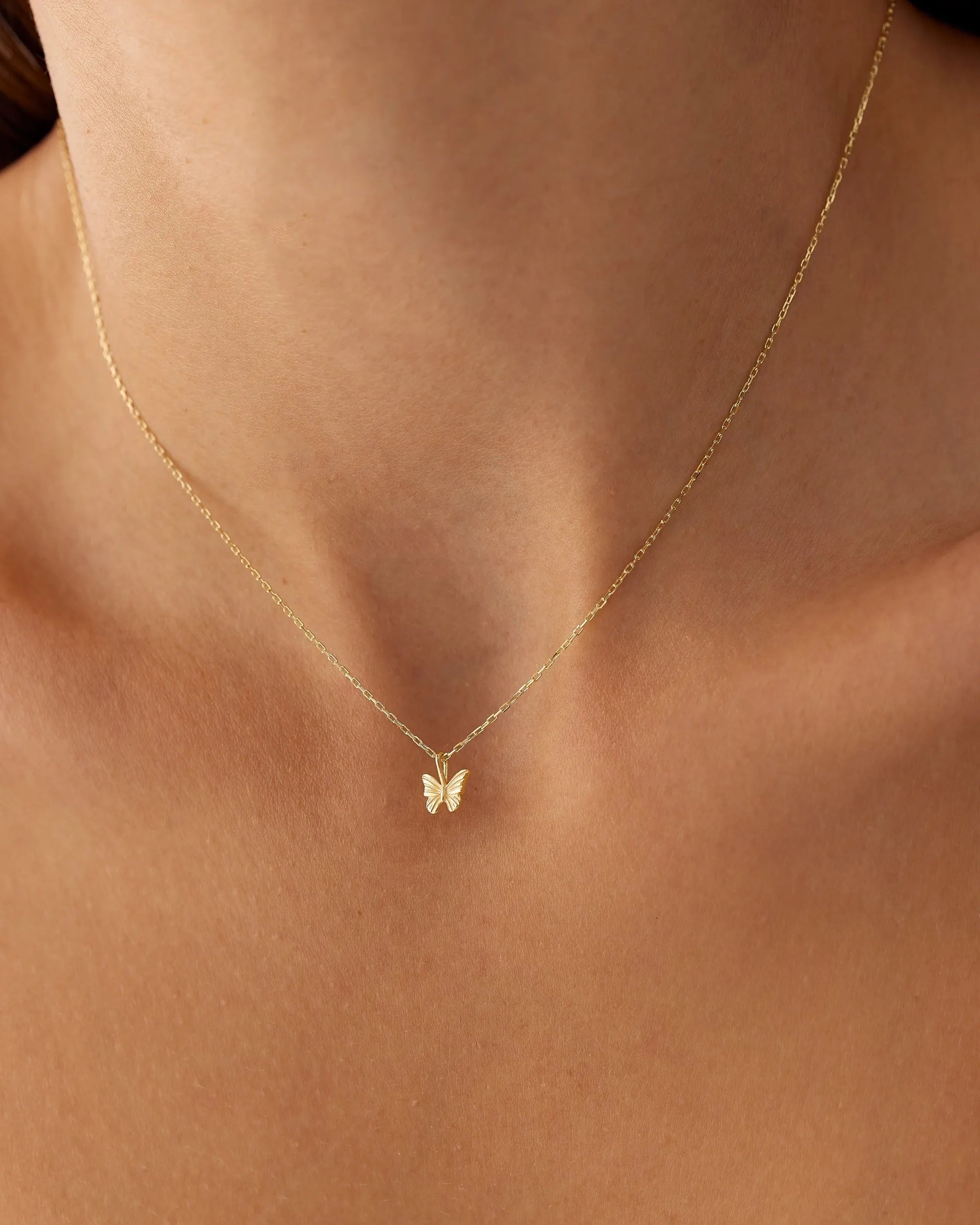 14k Solid Gold Mini Butterfly Charm Pendant Necklace