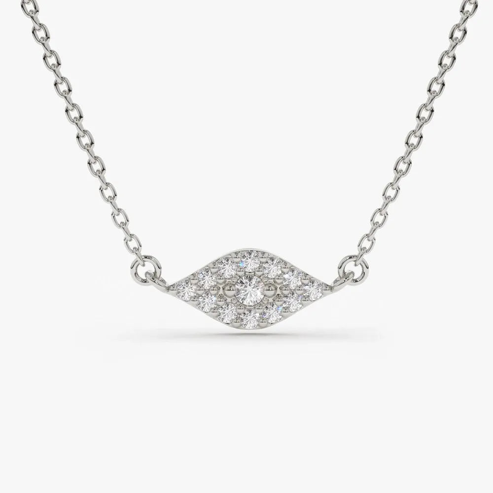 14K Solid Gold Round Diamond Micro Pave Evil Eye Pendant Necklace 0.15ctw
