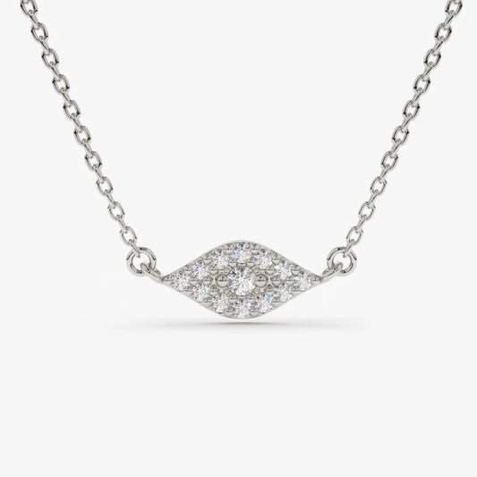 14K Solid Gold Round Diamond Micro Pave Evil Eye Pendant Necklace 0.15ctw