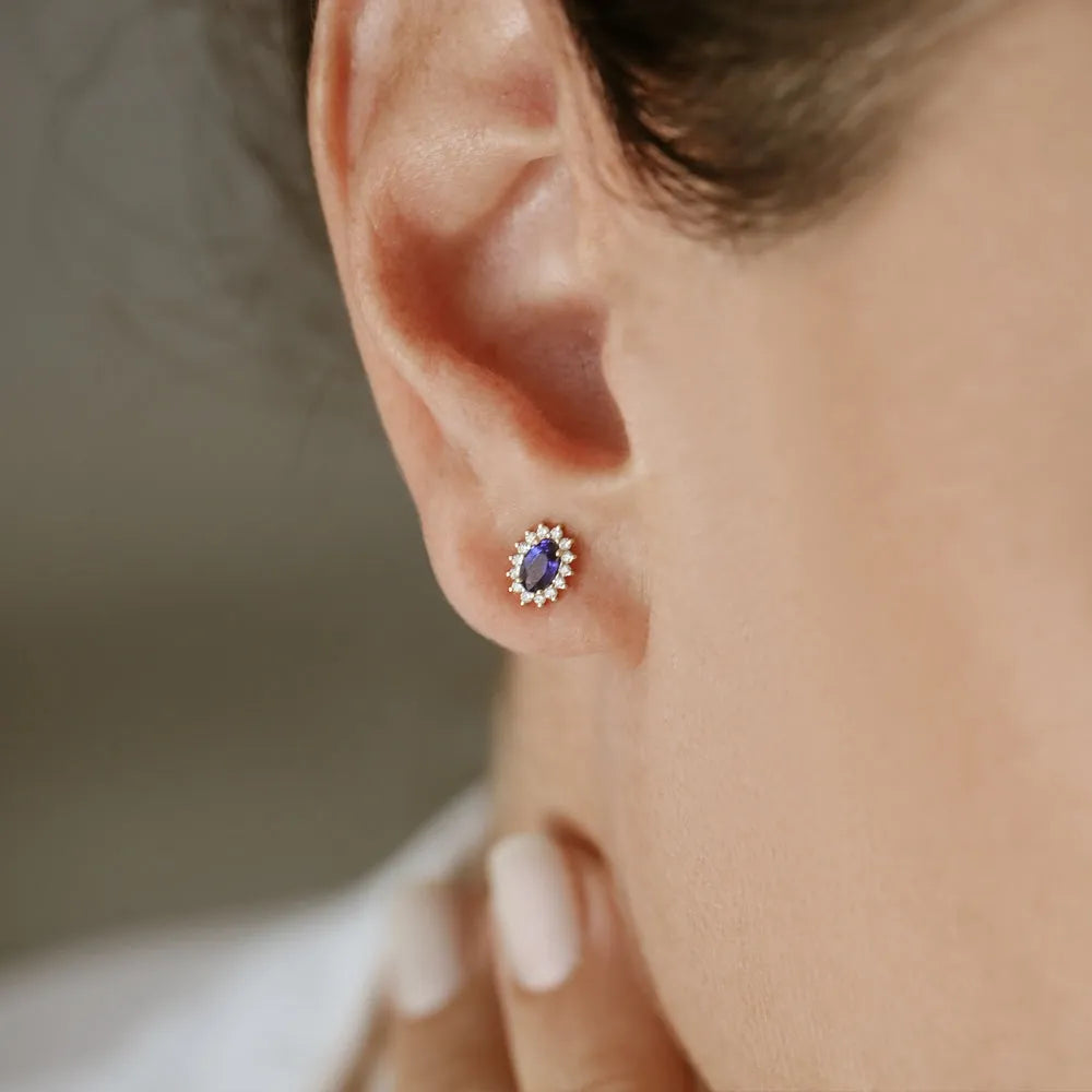 14k Solid Gold Oval Blue Sapphire and Round Diamond Earrings 0.82 ctw