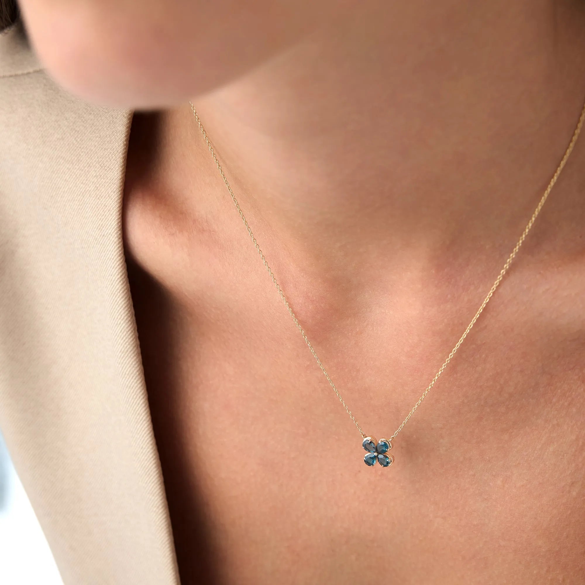 14k Solid Gold London Blue Topaz Pear Shaped Four Leaf Clover Necklace 0.80 Carat