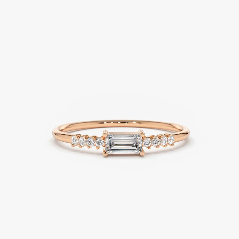 14K Solid Gold Baguette and Round Diamond 0.25 Ctw Prong Setting Engagement Ring