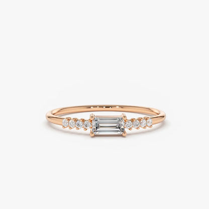 14K Solid Gold Baguette and Round Diamond 0.25 Ctw Prong Setting Engagement Ring