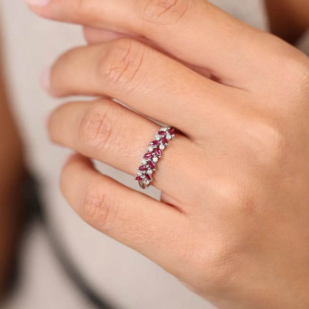 14k Gold Natural Ruby and Diamond Marquise and Round Cut Two Row Ring 0.65 ctw