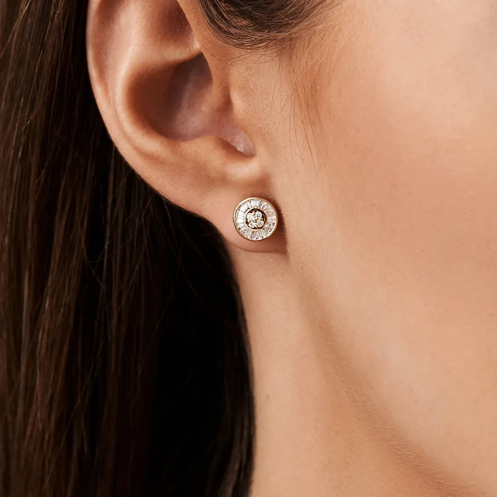 14k Gold Diamond Baguette and Round Cut Disc Stud Earrings Channel Setting 0.55 ctw