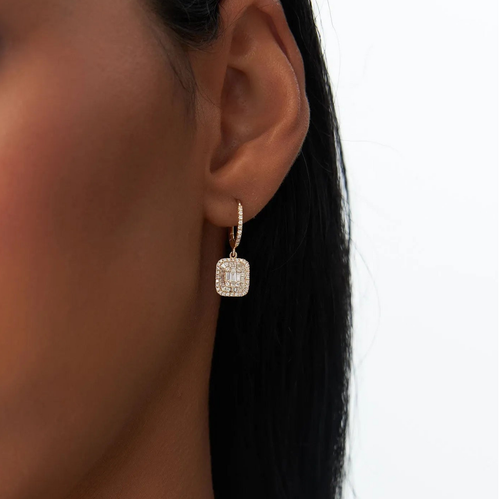 14k Gold Diamond Baguette and Round Cut Illusion Setting Dangling Hoop Earrings 0.98 ctw